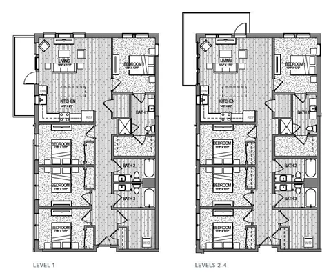 A black and white image of a floor plan for a building with two levels.
